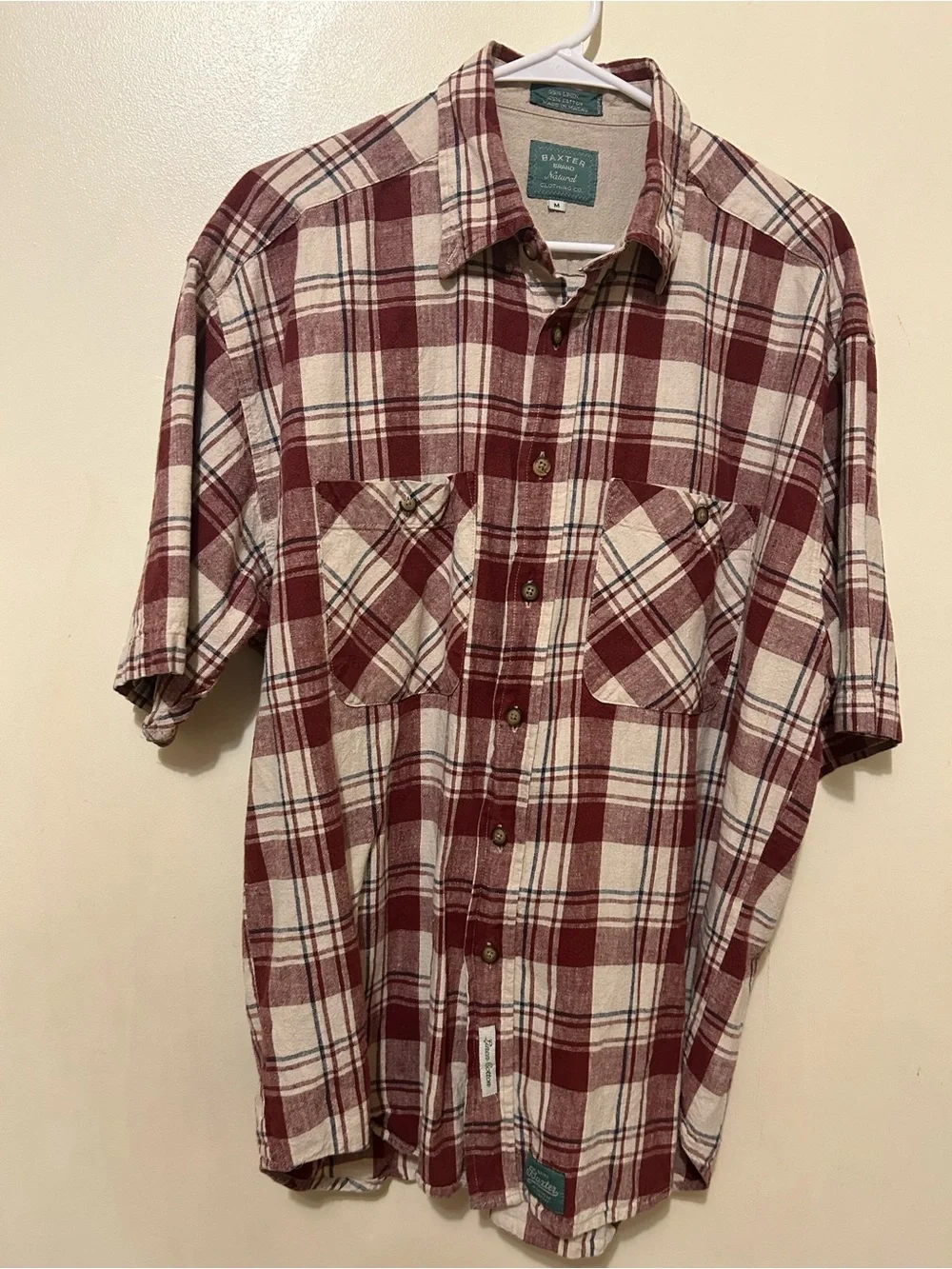 NWOT VTG Baxter Natural Men's Burgundy Plaid Short-Sleeve Cotton Linen Shirt M